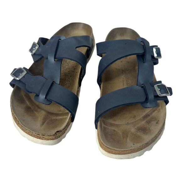 Birkenstock Shoes - Birkenstock Sandals Womens 7 Slide Navy Blue Slip On Two Strap Buckle Leather 38